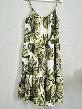 H&M Gauzy Cotton Sleeveless Tiered White Midi Dress Green Leaf Print L Coastal